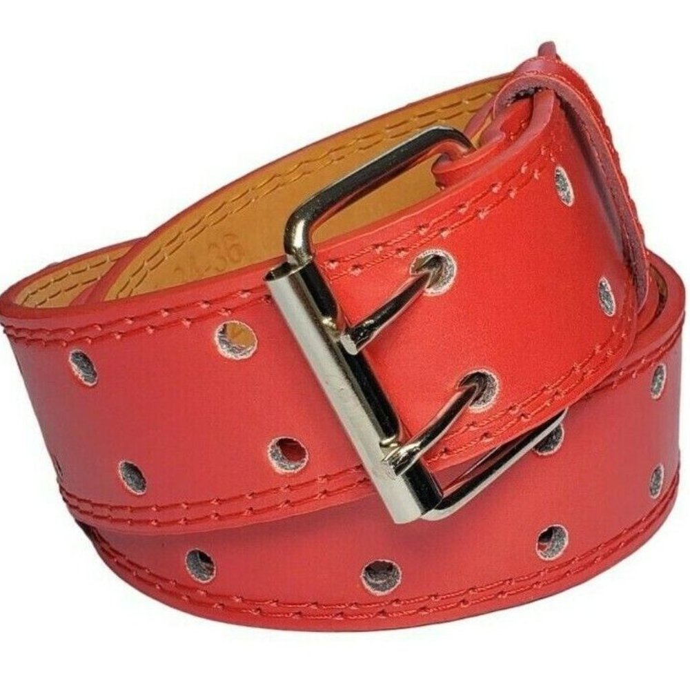 Men's Women's 2 Genuine Leather Two Row Double Row Prong Holes Casual Red Belts - Picture 2 of 4
